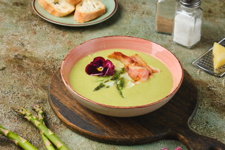 Fresh asparagus puree soup with asparagus pieces and fried bacon in a pink ceramic plate on a green concrete background. Recipes asparagus. Seasonal vegetables.の写真素材