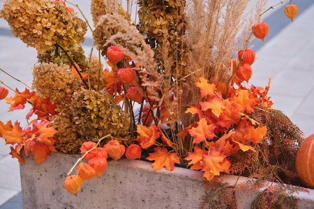 An outdoor decorative fall arrangement featuring a bouquet of ornamental physalis, dried flowers, and hay bales in a concrete outdoor flowerpot. Fall decor. Thanksgiving.の写真素材