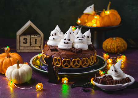 Halloween sweets, pumpkin cream cake decoration with meringue ghosts on a purple background. Happy Halloween. Trick or treat. Halloween party treats.の写真素材