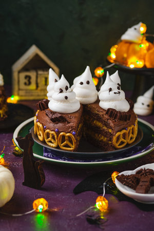 Halloween sweets, a sliced pumpkin cream cake decorated with meringue ghosts on a purple background. Happy Halloween. Trick or treat. Halloween party treats.の写真素材