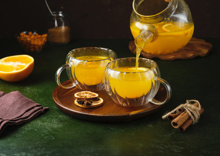 A woman pours sea buckthorn tea from a glass teapot into clear cups with sea buckthorn berries and orange slices on a brown tray against a green concrete background. Seasonal hot drinks. Sea buckthorn drinksの写真素材