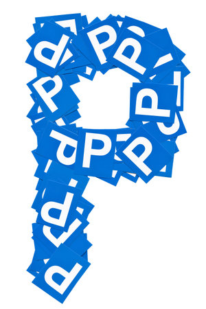P letter character - isolated with clipping patch on white background, done from small p lettersの写真素材