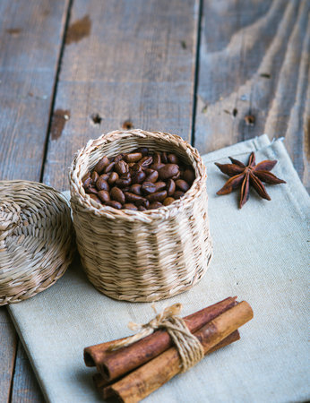coffee beans in the box, cinnamon sticks