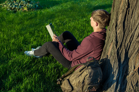 man with a laptop in the park under a treeの写真素材