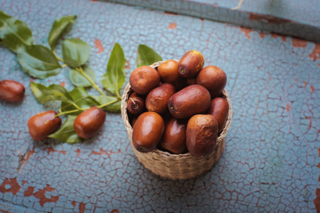 Fresh Chinese jujube on a wooden background