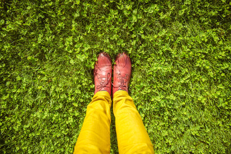female feet in red shoes on the green grassの写真素材