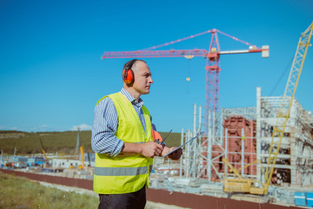 Portrait of a male engineer on a construction site background