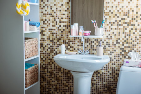 bathroom with toilet and sinkの写真素材