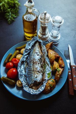 baked mackerel in foil in the ovenの写真素材