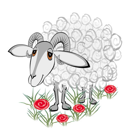 Curly sheep grazing on a green meadow.のイラスト素材