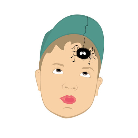 Surprised face boy in a cap with a spiderのイラスト素材