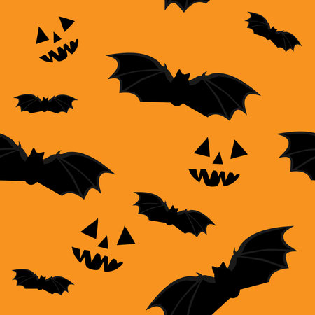 black bat and pumpkin on the orange background, Halloween seamless. のイラスト素材