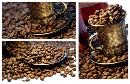 Coffee collage: cup of coffee, coffee beans and cognacの写真素材