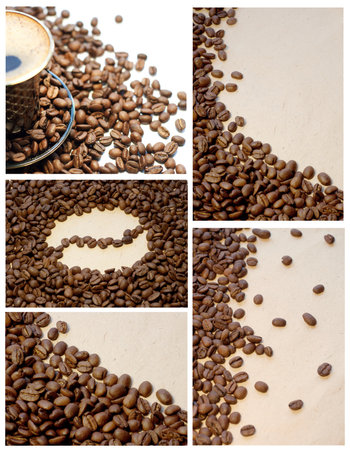 Coffee collage: cup of coffee and coffee beans  on a grunge backgroundの写真素材