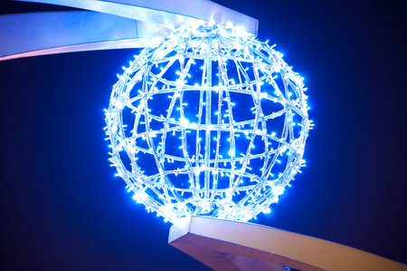 Big blue lantern ball on dark background, nightlifeの写真素材