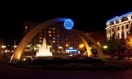 Night view of station squarel South Station. Kharkov - city of EURO-2012, Ukraineの写真素材