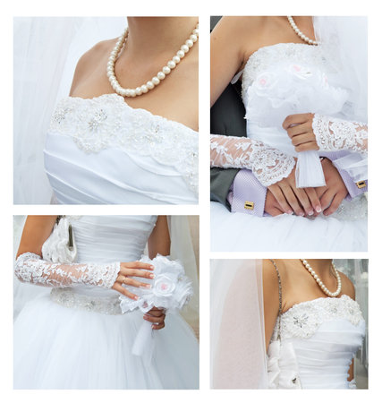 wedding collage: clothing, accessories, bridal bouquet, beautiful pearlsの写真素材