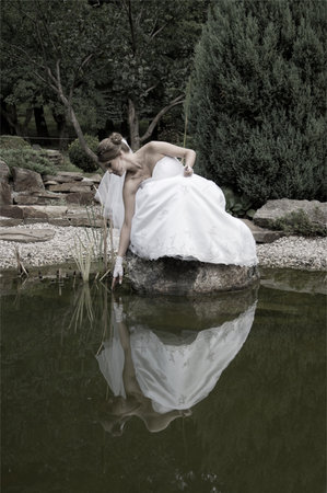 Bride sitting near the lake  Reflection in waterの写真素材