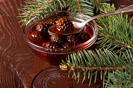 Confiture from fir cones in spoon, close-upの写真素材