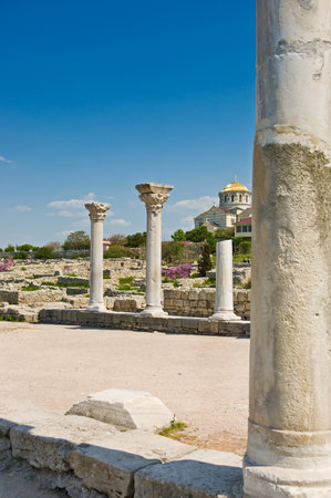 Ancient Greek basilica and marble columns. Chersonesus Taurica near Sevastopol in Crimeaの写真素材