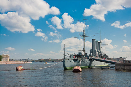 Cruiser Aurora on Neva river in Saint Petersburg, Russiaのeditorial素材