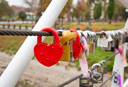 red padlock in the shape of heartの写真素材