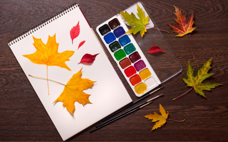 watercolor, brushes, notepad and autumn leaves, autumn backgroundの写真素材