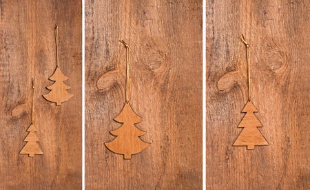 Plywood Christmas trees on old wooden background, setの写真素材