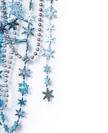 Christmas blue decoration on white, space for your text. Beautiful Christmas postcardの写真素材