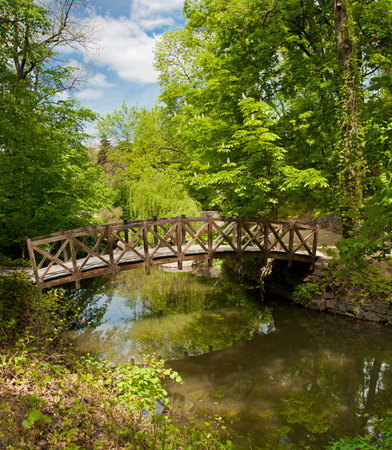 Wooden footbridge across river in National dendrological park Sofiyivka, Uman, Ukraine
