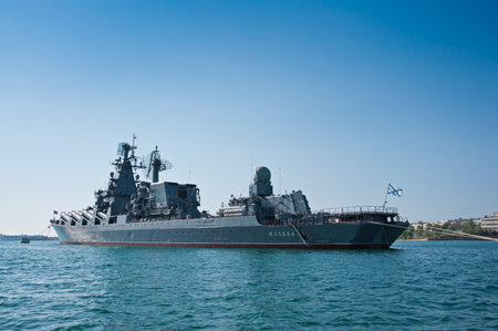 SEVASTOPOL, CRIMEA, UKRAINE - MAY 06, 2013: Missile cruiser "Moscow" (121), the lead ship of guided missile cruisers in the Russian Navy of The Black Sea Fleet of the Russian Navyのeditorial素材
