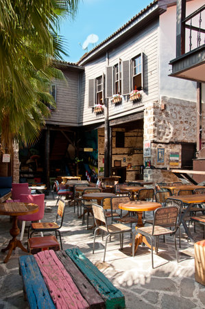 Antalya, Turkey - September 22, 2018: The Street Cafe in old town Kaleici district in Antalya, Turkey.のeditorial素材