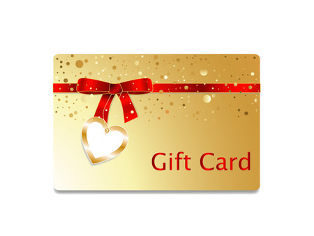 Golden gift card with red ribbon bow with heart badgeのイラスト素材