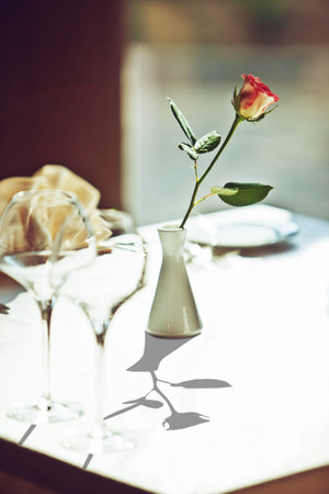 Empty glasses set in restaurantの写真素材