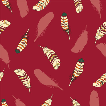 Seamless pattern with colored feathers in ethnic style on a Burgundy background. Vector. Illustrationのイラスト素材