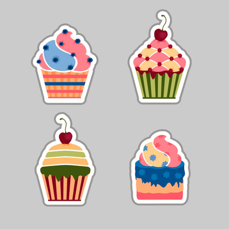 Set of flat vector stickers with muffins and cupcakes. Illustrationのイラスト素材
