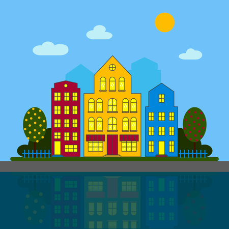 Summer houses by the river. Flat Illustration. Vectorのイラスト素材