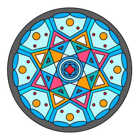 Round stained glass window with geometric pattern. Vector. Flat illustrationのイラスト素材