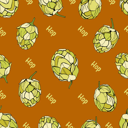 Seamless pattern with cones of hops and lettering on a brown background. Vector illustrationのイラスト素材