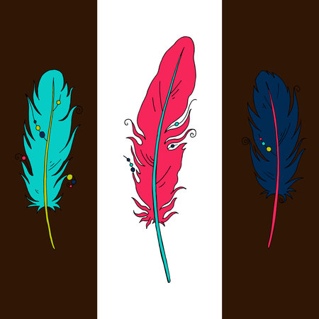 Seamless PATTERN of blue, blue and pink feather on white and brown background. Vector. Illustrationのイラスト素材