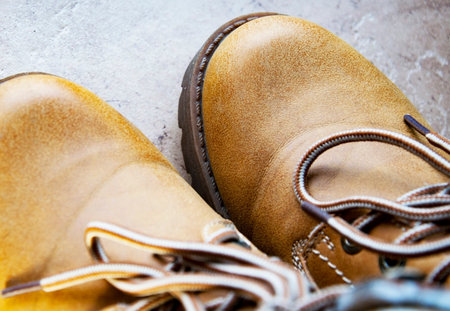close up of a brown leather boot and lacesの写真素材