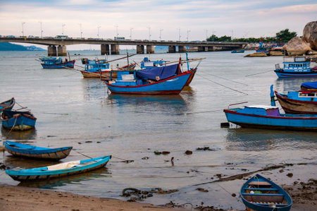 Colorful fishing boats in Vietnam, next to the fishing village.の写真素材