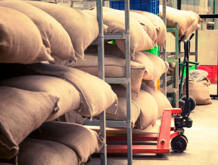 Sacks of rice and koffee in the warehouse.