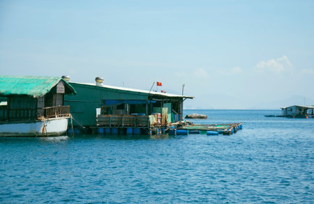 Marine fish farm in Vietnam. Floating houses.の写真素材
