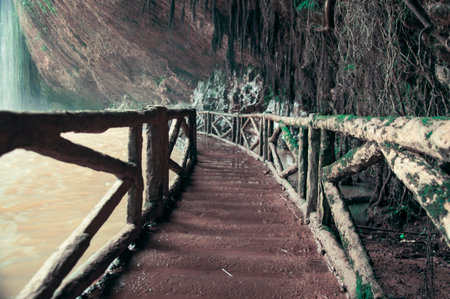 The bridge under the waterfall, with a blur, toned.の写真素材