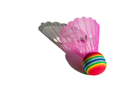 Pink badminton shuttlecock isolated on whiteの写真素材