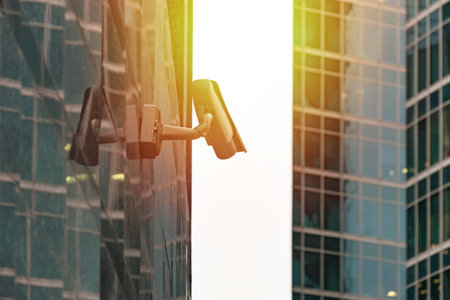 Security surveillance system at the entrance to a modern office building. Two cameras of video...