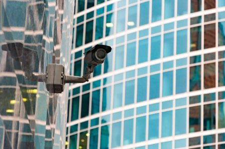 Security surveillance system at the entrance to a modern office building. Two cameras of video surveillanceの写真素材