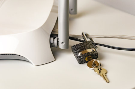 Lock unlock security on a computer. Protecting the Internet connection through a router is a concept of a security breach. Cyber securityの写真素材