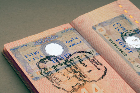 Entry Egyptian visa in the passport. Selective focus. Travel conceptの写真素材